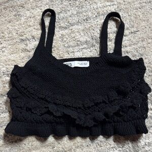 Zara Black Ruffled Knit Crop Top, Small